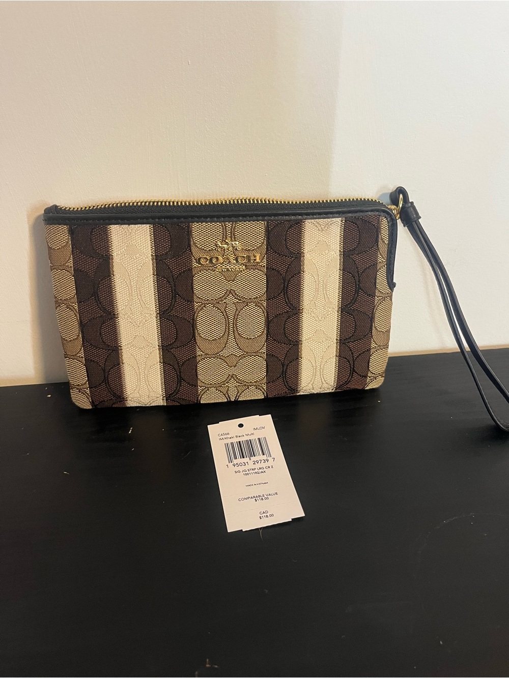 Coach Striped Signature Wristlet in Brown, Beige and Black
